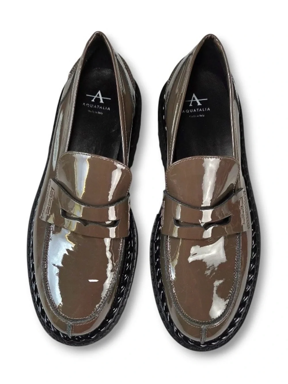 Aquatalia Brown Grey Leather Penny Style Slip On Loafers Size 7